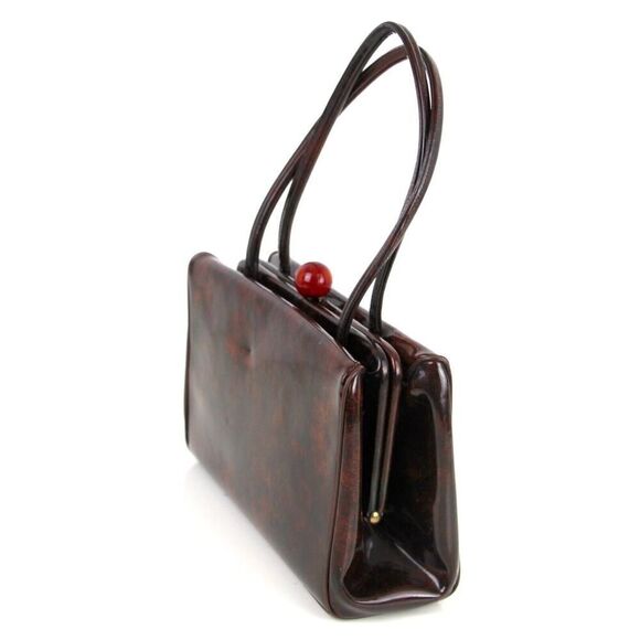 VINTAGE Palizzio PATENT BROWN LEATHER FRAME BAKELITE HANDBAG POCKETBOOK SATCHEL - Picture 5 of 15